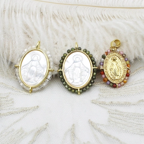 18K Verguld Koper Religiös Maagd Maria Reliëf Hanger Parelmoer Schelp Kralen Ovaal Charm Voor DIY Sieraden Maken