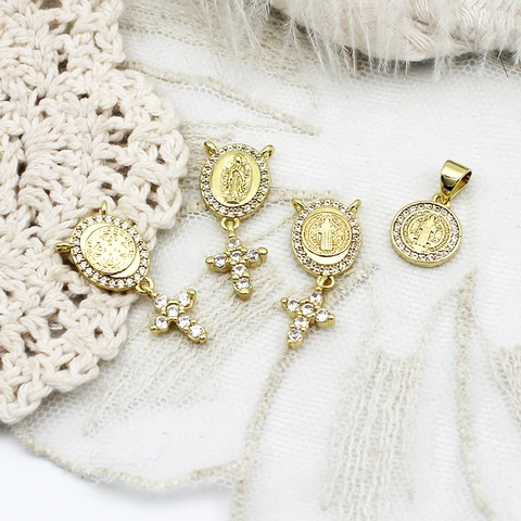 18K Gold Plated Copper Religious Virgin Mary Portrait Pendants Micro Pave Rhinestone Charms For DIY Bracelet Earring Jewelry Making
