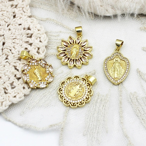 18K Gold Plated Copper Religious Virgin Mary Portrait Pendants Micro Pave Rhinestone Charms For DIY Bracelet Earring Jewelry Making