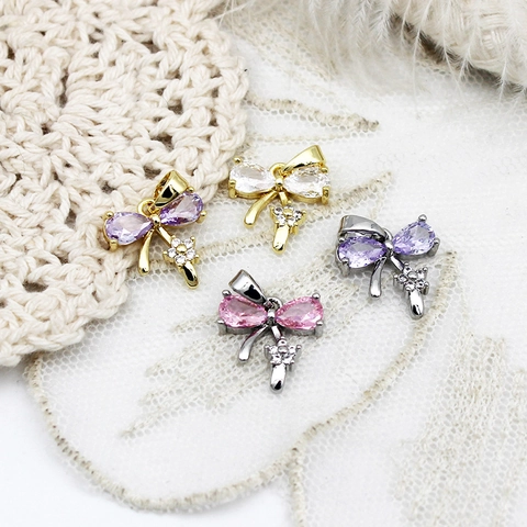 Bowknot Ribbon DIY Jewelry Pendants Charms Copper Rhinestone Bow Tie Accessory For Necklace Bracelet 18K Gold Plated Materials