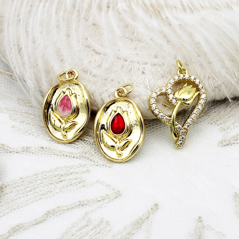 Gold Plated Copper Tulip Daisy Flower Pendants Rhinestone Enamel Charms For DIY Necklace Bracelet Earring Jewelry Making