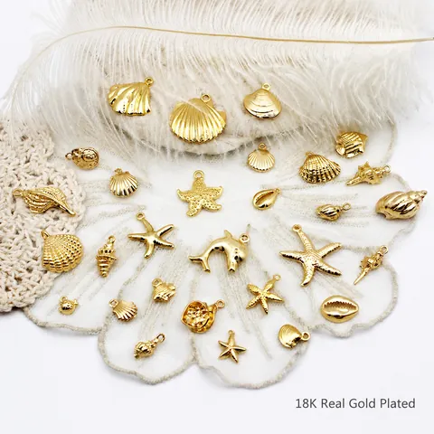 18K Gold Plated Copper Marine Pendants Starfish Shell Conch Scallop Dolphin Fish Charms For DIY Jewelry Making Necklace