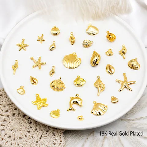 18K Gold Plated Copper Marine Pendants Starfish Shell Conch Scallop Dolphin Fish Charms For DIY Jewelry Making Necklace