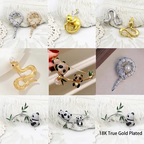 Broche en Cuivre de Luxe avec Zirconium Forme Animale pour Femme Panda Serpent Chat Bambou Style Chinois Accessoire Élégant