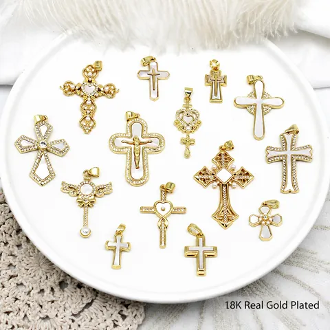 Colgante de Cruz de Cobre Bañado en Oro 18K Con Incrustación de Concha Strass Perla Artificial Accesorio de Joyería DIY Mujer
