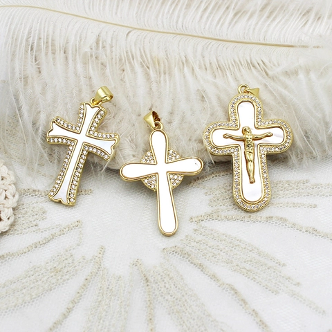 18K Vergoldeter Kupfer Kreuz Anhänger Mit Muschel Strass Künstliche Perle Inlay DIY Schmuckherstellung Zubehör Für Damen