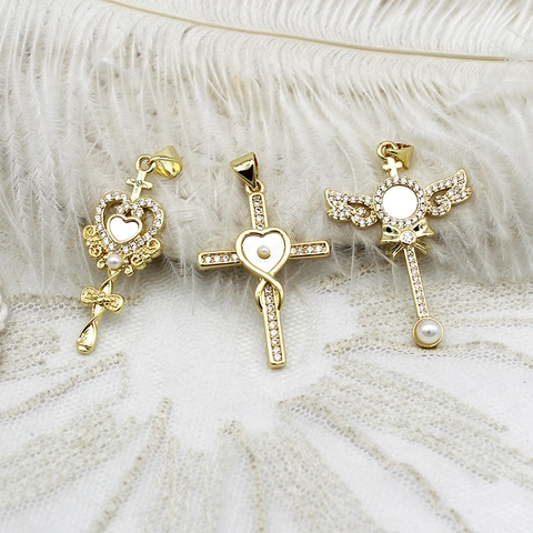 18K Vergoldeter Kupfer Kreuz Anhänger Mit Muschel Strass Künstliche Perle Inlay DIY Schmuckherstellung Zubehör Für Damen