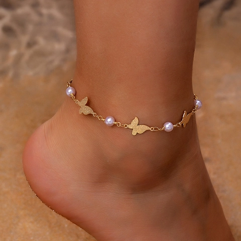 Mode Schmetterling Künstliche Perle Fußkettchen Legierung Vergoldet Verstellbar Sommer Strand Schmuck Fußkette Damen