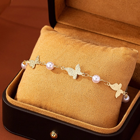 Mode Schmetterling Künstliche Perle Fußkettchen Legierung Vergoldet Verstellbar Sommer Strand Schmuck Fußkette Damen