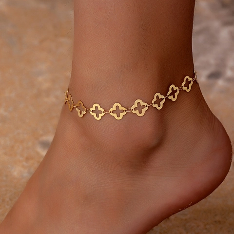Vintage Legierung Gold Hohl Vierblatt-Kleeblatt Fußkettchen Mode Elegant Fußkette Schmuck Für Damen Strand Urlaub Zubehör