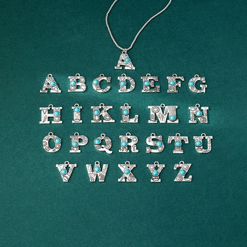 Vintage Alloy Alphabet Initial Pendant Necklace Earring Set Antique Silver Turquoise Bohemian Style Jewelry For Women
