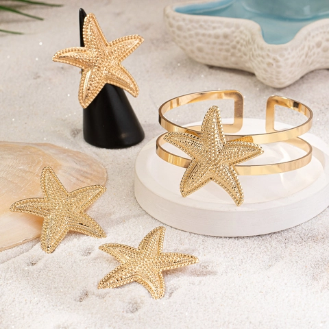 Women Gold Starfish Jewelry Set Vintage Alloy Electroplated Sea Star Bangle Ring Hairclips Ocean Beach Vacation Accessories