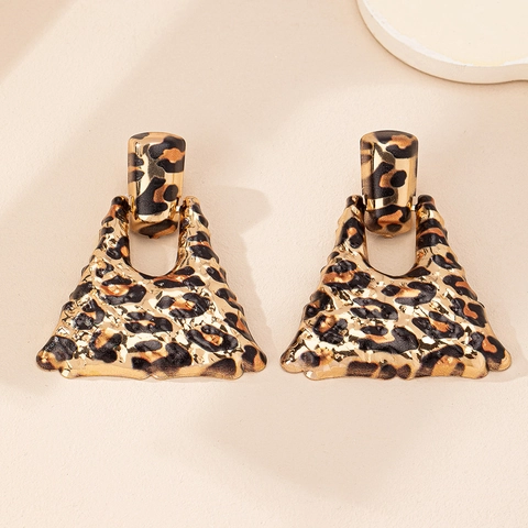 Women's Vintage Leopard Print Geometric Triangle Alloy Hoop Earrings Bold Large Gold Fashion Jewelry for Party Prom Lady