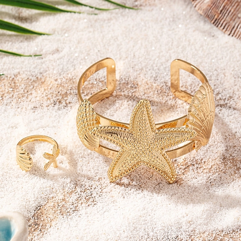 Set Gioielli Stile Oceano Bracciale Aperto Anello Regolabile Stella Marina Conchiglia Lega Placcato Oro Donna Mare