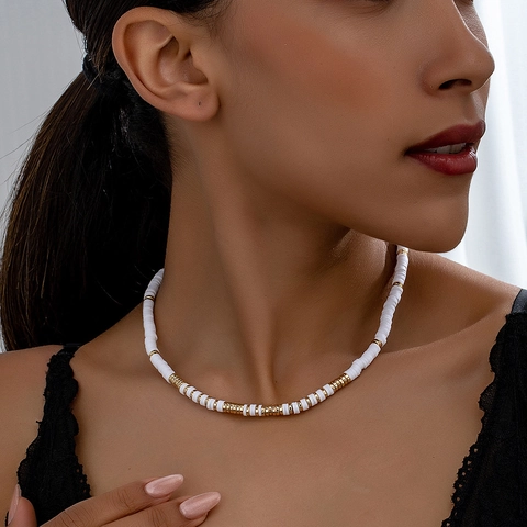 Women Bohemian White Heishi Polymer Clay Bead Necklace Elegant Gold Alloy Spacer Beaded Choker Adjustable Beach Vacation Jewelry