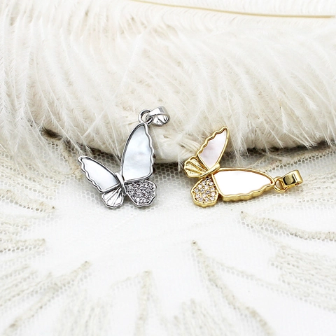 Colgante Mariposa de Cobre Chapado en Oro 18K Con Nácar Circonita Blanca Strass Para Collar Fabricación de Joyería DIY