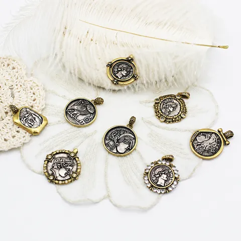 Vintage Greek Coin Portrait Goddess Owl Pendants For Jewelry Making 18K Gold Plated Copper Rhinestone Relief Coin Charm DIY Accessory