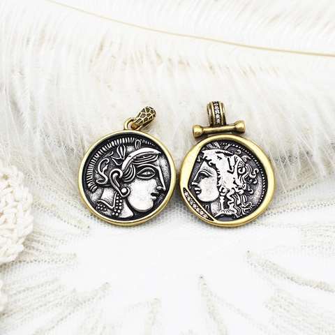 Vintage Greek Coin Portrait Goddess Owl Pendants For Jewelry Making 18K Gold Plated Copper Rhinestone Relief Coin Charm DIY Accessory