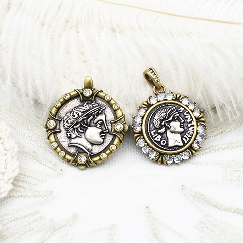 Vintage Greek Coin Portrait Goddess Owl Pendants For Jewelry Making 18K Gold Plated Copper Rhinestone Relief Coin Charm DIY Accessory