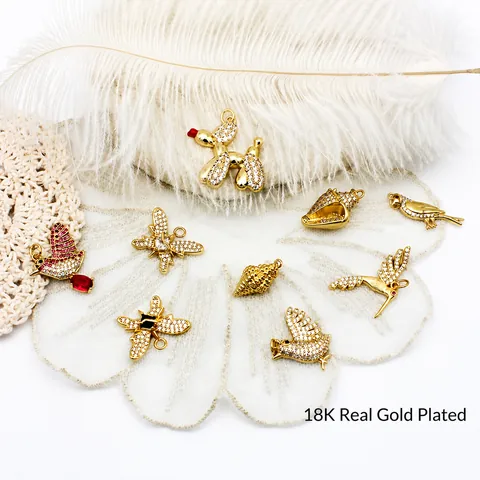 18K Gold Plated Copper Micro Pave Zircon Animal Pendant Balloon Dog Butterfly Bird Shell For DIY Jewelry Necklace Making