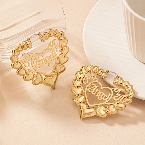 Gold Heart Hoop Earrings For Women With Hollow Letters Angel Baby Baddie Alloy Large Statement Earrings Hip Hop Jewelry