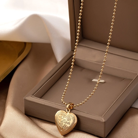 Vintage Vergulde Hart Locket Ketting Voor Vrouwen Mom Gegraveerd Bloemenpatroon Openbare Hanger Bolletjesketting Sieraden
