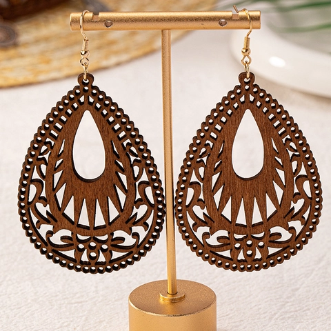 Boho Vintage Holz Ohrhänger Wassertropfen Hohl Blatt Lasergeschnitten Gold Legierung Haken Damen Ethno Schmuck