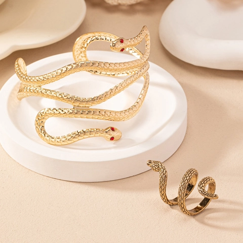 Bijoux Serpent Or Vintage Alliage Strass Bracelet Enveloppant Bague Enroulée Accessoire Mode Rétro Cadeau