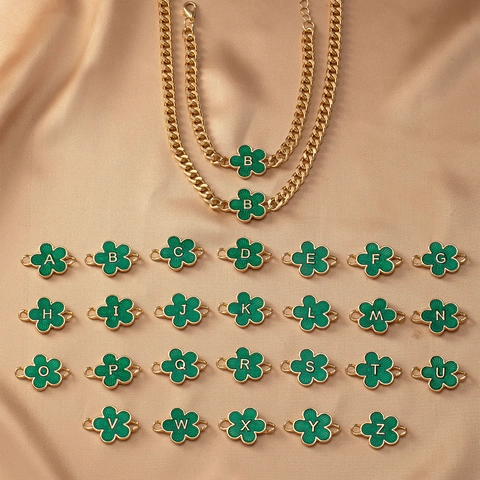 Vintage Green Enamel Flower Alphabet Letter A-Z Pendant Necklace Bracelet Jewelry Set For Women Gold Tone Artificial Pearl