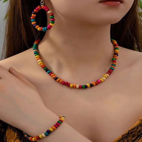 Böhmische Bunte Holzperlen Schmuck Kollektion Für Damen Regenbogen Halskette Armband Und Creolen Sommer Strand Accessoire
