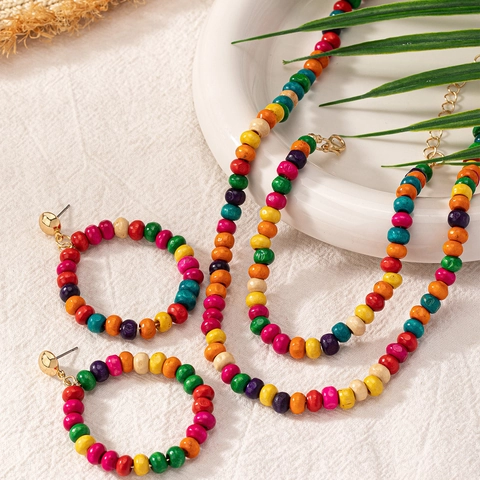 Böhmische Bunte Holzperlen Schmuck Kollektion Für Damen Regenbogen Halskette Armband Und Creolen Sommer Strand Accessoire