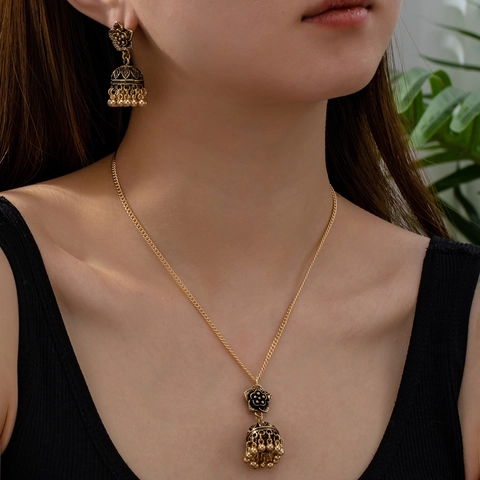Vintage Alloy Flower Jhumka Necklace And Stud Earrings Ethnic Bohemian Style Gold Silver Plated Jewelry Accessories For Women