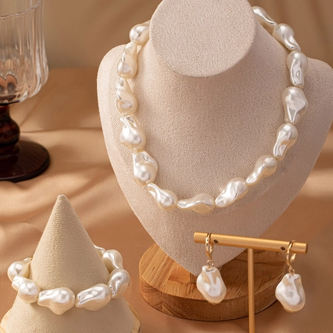 Collezione Gioielli Perle Artificiali Barocche Irregolari Donna Collana Bracciale Orecchini in Lega Placcata Oro Vintage