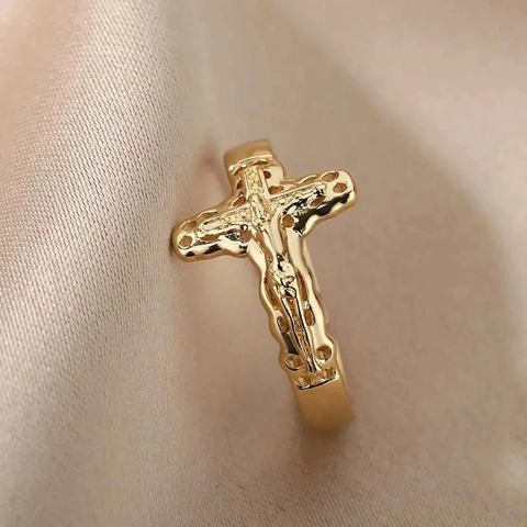 Anillo Abierto de Cruz Crucifijo de Acero Inoxidable Bañado en Oro para Hombre Mujer Religioso Ajustable Jesucristo Joyería