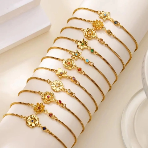 Stainless Steel Birth Flower Pendant Bracelet With Rhinestone Decoration Gold Plated Box Chain Adjustable Jewelry For Women