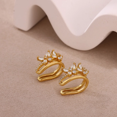 Luxury Butterfly 304 Stainless Steel Zirconia Hoop Earrings For Women Elegant Gold Plated Butterfly Ear Cuffs Wedding Jewelry