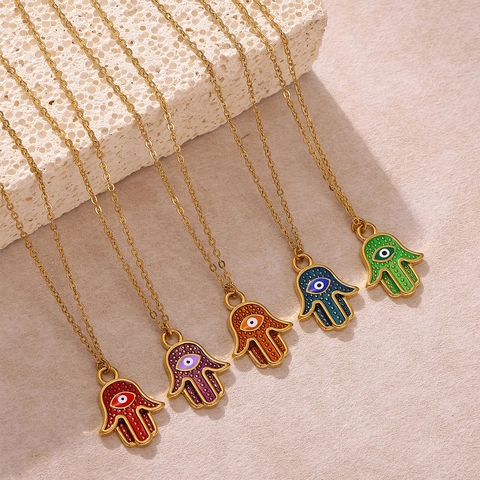 Bohemian Stainless Steel Hamsa Hand Evil Eye Pendant Necklace Gold Plated Enamel Amulet Fashion Jewelry For Women Men