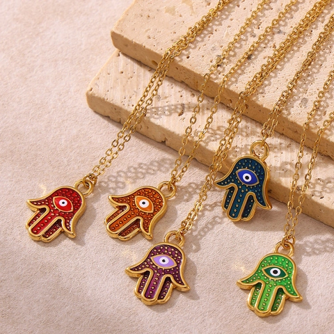 Bohemian Stainless Steel Hamsa Hand Evil Eye Pendant Necklace Gold Plated Enamel Amulet Fashion Jewelry For Women Men