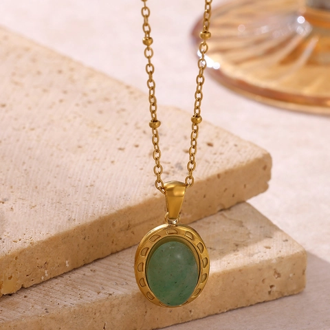 Collar Vintage de Acero Inoxidable con Piedra Natural para Mujer Chapado en Oro Colgante Ovalado Perla Artificial Joyería Retro