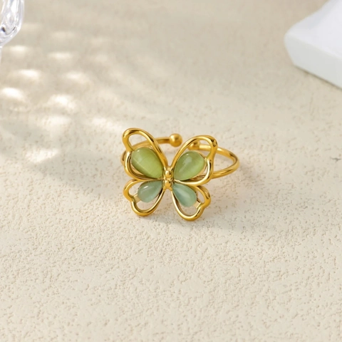 Anillo Abierto Ajustable de Mariposa de Cobre Chapado en Oro para Mujer Con Diamante de Imitación Piedra de Ojo de Gato Artificial Joyería de Moda Regalo