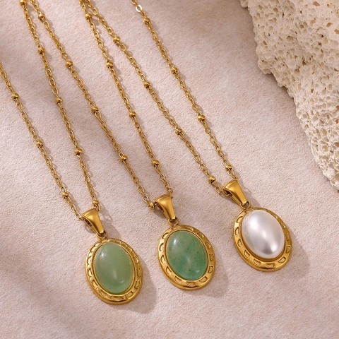 Collar Vintage de Acero Inoxidable con Piedra Natural para Mujer Chapado en Oro Colgante Ovalado Perla Artificial Joyería Retro