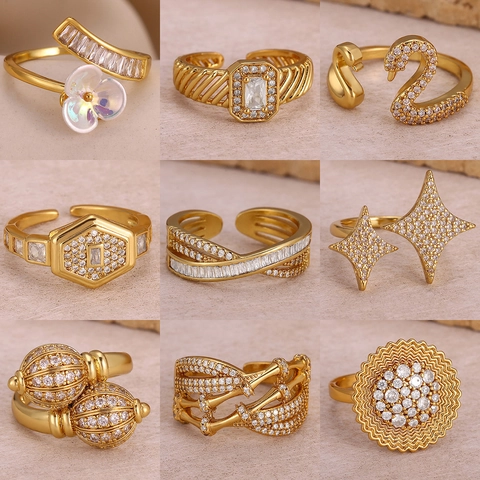 Elegante Anillo Abierto de Cobre Chapado en Oro con Circonia para Mujer Vintage Lujo Ligero Cisne Estrella Flor Geométrico Joyería Ajustable