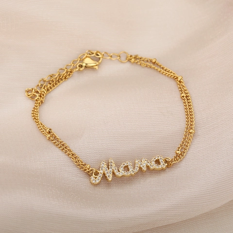 18K Gold Plated Stainless Steel Double Layer Beaded Bracelet With Rhinestone Mama Letter Pendant Jewelry Gift For Women