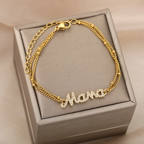 18K Gold Plated Stainless Steel Double Layer Beaded Bracelet With Rhinestone Mama Letter Pendant Jewelry Gift For Women