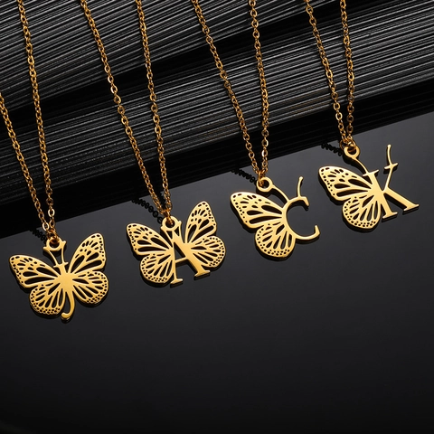 Fashion Stainless Steel Hollow Butterfly Alphabet Pendant Necklace Initial A-Z Name Clavicle Chain Jewelry For Women Gift