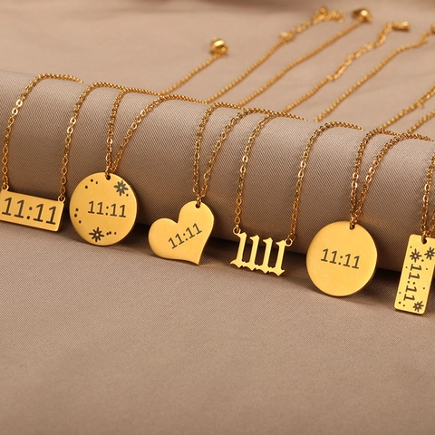 Angel Number 11:11 Pendant Necklace Stainless Steel 18K Gold Plated Heart Round Rectangle Lucky Goth Number Jewelry For Women Men
