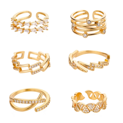 Vintage Copper Zirconia Open Ring For Women Adjustable Multi-layer Geometric Line Winding Lightning Shape Ring Fashion Jewelry