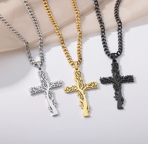 Stainless Steel Tree Of Life Cross Necklace For Men Women Ankh Anubis Pendant I Can Do All Things Lettering Jewelry Gift