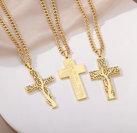 Stainless Steel Tree Of Life Cross Necklace For Men Women Ankh Anubis Pendant I Can Do All Things Lettering Jewelry Gift