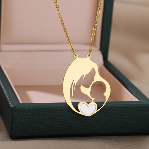Mother's Day Stainless Steel Pendant Necklace Electroplated Mother and Baby Silhouette Heart Gift Jewelry For Women
